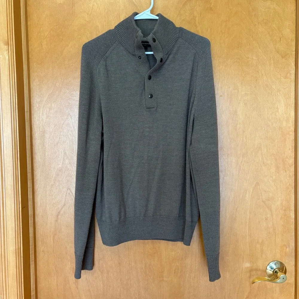 Banana Republic Sweater Mens Large Brown Merino‎ Wool Mock Neck Button Pullover